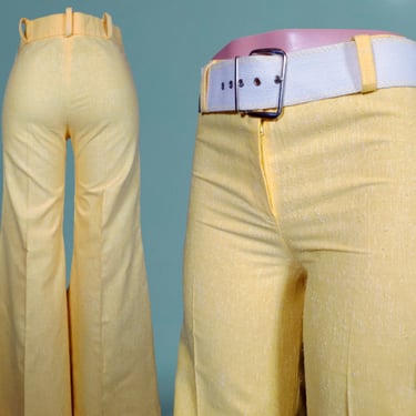 Vintage yellow hiphugger pants deadstock 60s 70s extreme bell bottoms low rise mod summer textured nubby fabric canvas belt (29 OR 6) 