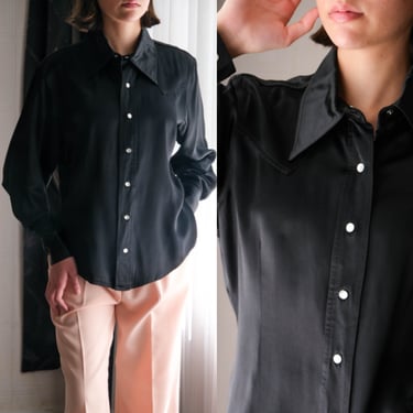 Vintage 90s MODA INT'L Black Rayon Satin Western Pearl Snap Shirt w/ Ivory Buttons | Made In The USA | 1990s Designer Cowgirl Western Shirt 