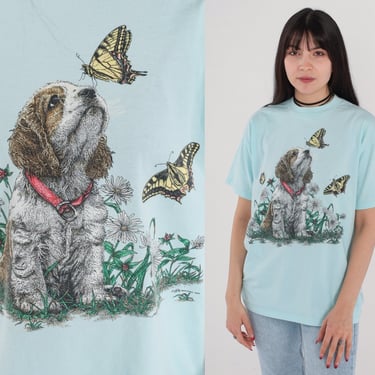 90s Dog T Shirt Butterfly Puppy Shirt Graphic Tee 90s Kawaii Cute Vintage Baby Animal Shirt Blue Retro T Shirt 1990s Medium 