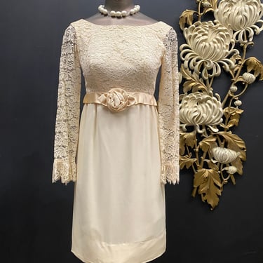1960s empire waist dress, cream lace, vintage 60s dress, rosette, ruffled, sheer sleeves, mod wedding, size small, 32 bust, formal, cocktail 