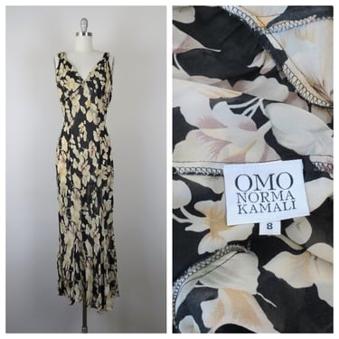 Vintage 1990s slip dress, silk floral, Normal Kamali OMO, designer, 1990s does 1930s 