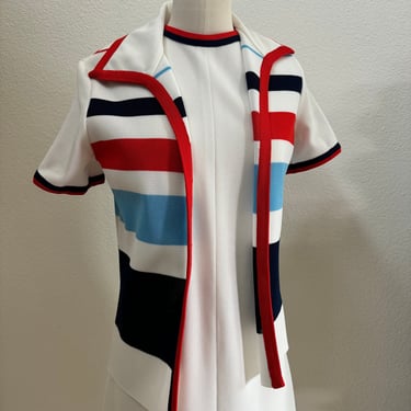 60s Mod Americana Pickle Ball Tank Dress in White Red & Navy Stripes Matching Cropped Jacket; 70s Patriotic Tennis Shift Mini Scooter Dress 
