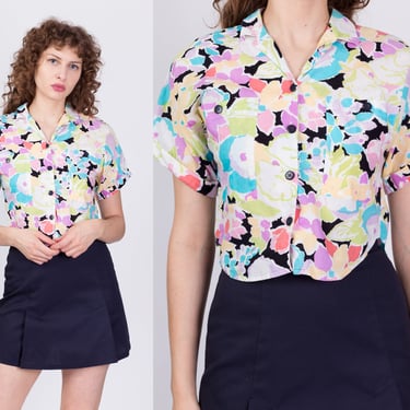 Floral 80s Button Up Crop Top - Small | Vintage Colorful Grunge Blouse Purple & Teal Short Cuffed Sleeve Cropped Shirt 