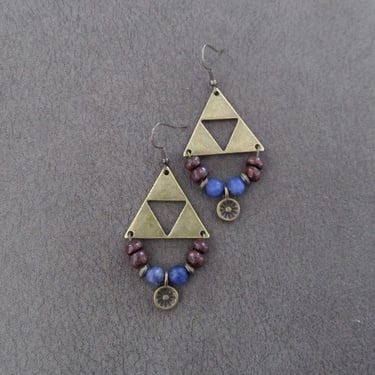 Antique bronze triangle earrings, blue stone 