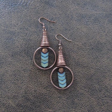 Copper geometric industrial earrings teal hematite 