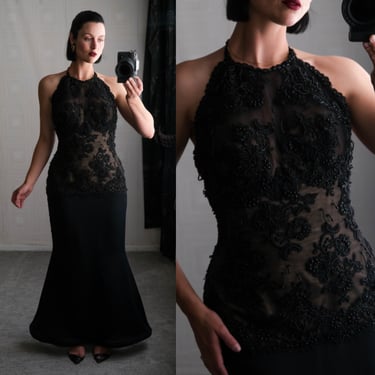 Vintage 80s San Carlin for Saks Fifth Avenue Black Beaded Baroque Corset Halter Mermaid Gown | Made in USA | 1980s Designer Evening Dress 