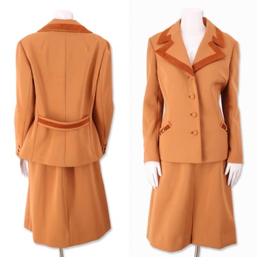 70s LILLI ANN skirt suit, vintage 1970s caramel jacket blazer outfit, 60s knit set 10 12 L 