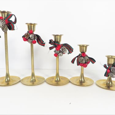 Vintage Set of 5 Brass Holiday Candle Holders - Graduated Set of Interpur Brass Candlestick Holders 