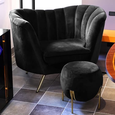 Opportunity Black Velvet Channel Tufted Chair with Ottoman on Gold Legs