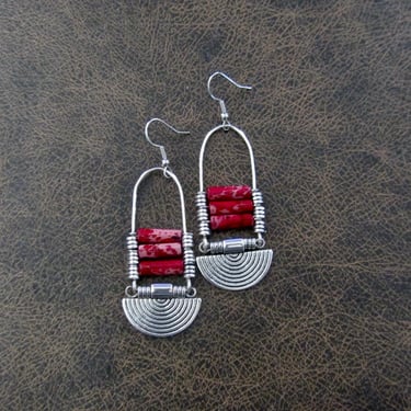 Imperial jasper earrings, cranberry tribal earrings, unique ethnic earrings, modern Afrocentric earrings, boho chic earrings, silver 