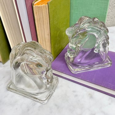 Vintage Bookends Retro 1960s Mid Century Modern + Federal Glass + Clear + Trojan Horse + Pair + MCM + Book Organization and Storage 