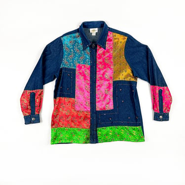 1990s Denim and Bright Indian Silk Patchwork Beaded Top / Large / Fun / Bright / Shiny / Floral / Paisley / Lizzie / Boho / y2k / Dark Wash 