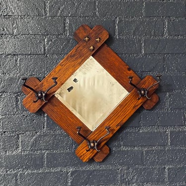 Antique Arts & Craft Mission Oak Coat Hanger Wall Mirror, c.1920’s 