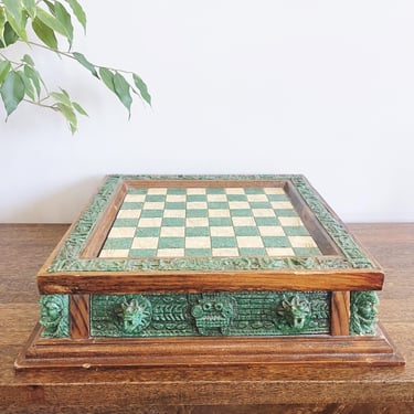 Vintage 1970s Wood and Resin Aztec Motif Chess Set 