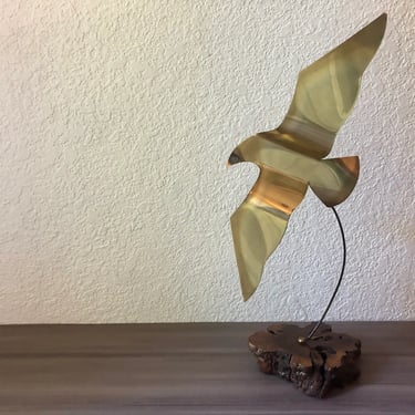 Vintage Mcm brass bird on a wood base, Brass Seagull Sculpture 