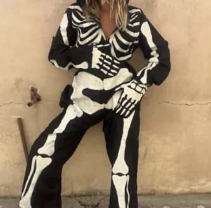 Vintage 1960s Hand Painted Skeleton Costume  Hooded Jumpsuit Bones Halloween