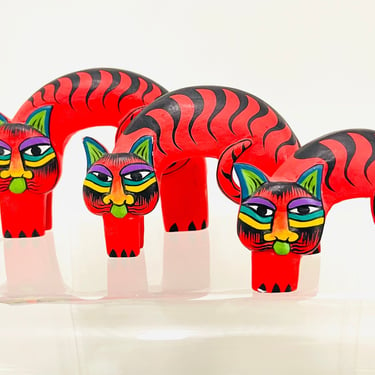 Vintage 1980s Retro Rainbow Red Wood Arch Cats Sculptures Laurel Burch Folk Art LOT 3pcs 