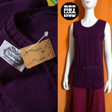 Vintage 60s 70s Dark Purple Cable Knit Long Sweater Vest with Belt 