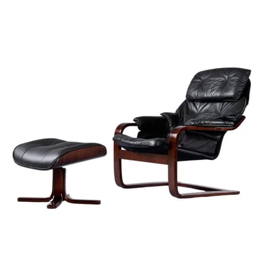 Modern Black Leather Rosewood Cantilever Lounge Chair and Ottoman 