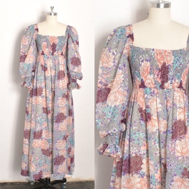 Vintage 1970s Dress / 70s Jody T Puff Sleeve Floral Maxi Dress / Purple Blue Pink ( S M ) 