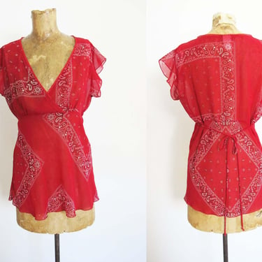 Vintage 2000s Red Bandana Print Top M L - Y2K Sheer Empire Waist Tie Back Cowboy Country Western Blouse 