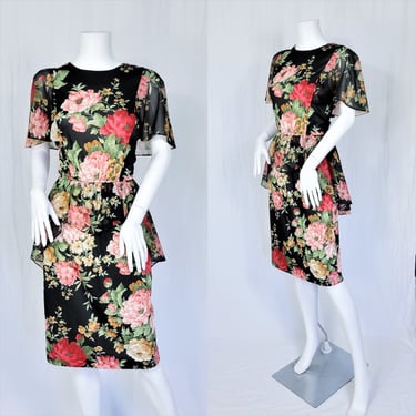 Flutter Sleeve 1980's Black Poly Floral Rose Print Secratary Dress I Sz Med I TF U.S.A I Peplum 