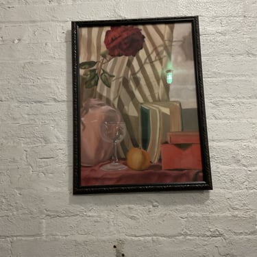 Still Life, Oil on Canvas, Behind Glass