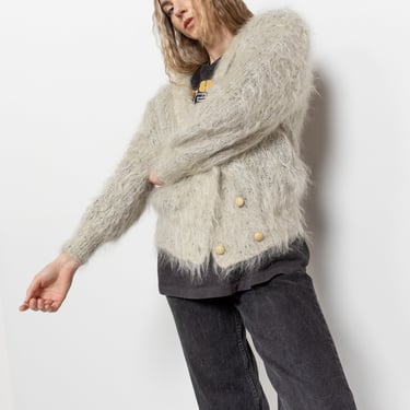 GREY FUZZY SWEATER Wool Textured Vintage Jumper Minimal Fall Winter Knitwear Cardigan / Small Medium 