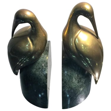 Decorative Pair of Brass Egret on Solid Deep Green Marble Bookends