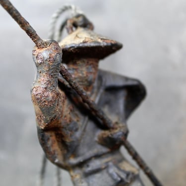 Antique Cast Iron Figure | Asian Fisherman with Pole | Fisherman on Wooden Plank | Distressed Cast Iron Hanging Figurine 
