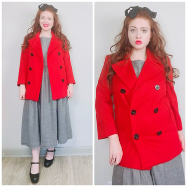 1990s Vintage Talbots Petites Double Breasted Peacoat / 90s Nautical Wool Red Jacket / Size Small - Medium 