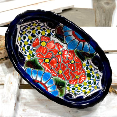 VINTAGE: 7.5" Authentic H. Venegas Signed Talavera Mexican Pottery - Oval Bowl- Colorful Hand Painted Bowl - Mexico - SKU 36-A-00033845 