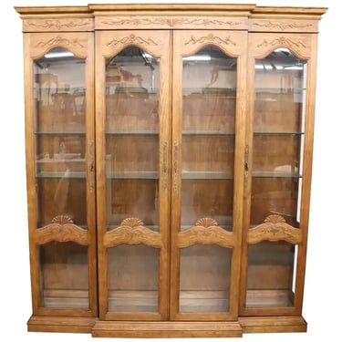 Large Solid Oak French Louis XV Style Breakfront Bookcase Vitrine, circa 1980