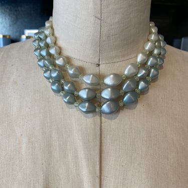 1950s beaded necklace, multi strand, vintage jewelry, ombre green pearls, pearlescent, adjustable, 50s choker, mrs maisel, mid century 