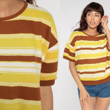 Striped Knit Shirt 70s Top Yellow Brown Slouchy Short Sleeve Sweatshirt Banded Hem Pullover Top Distressed 1970s Vintage Men's Large L 