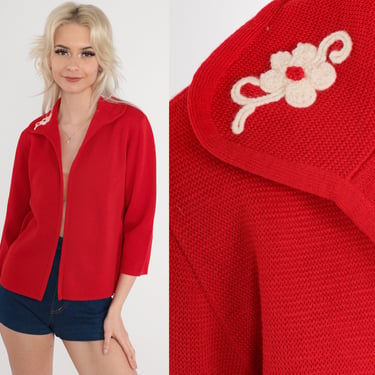 Red Wool Cardigan 60s Open Front Knit Sweater Floral Embroidered Collared 3/4 Sleeve Sixties Preppy Retro Knitwear Vintage 1960s Small S 