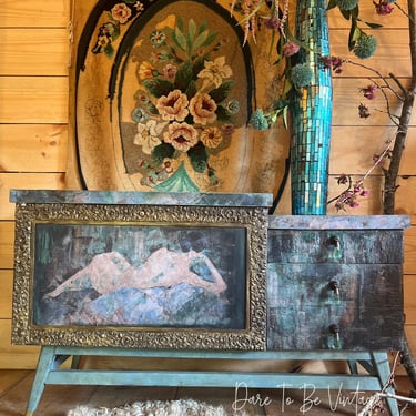 Hand Painted Cedar Chest Trunk  ~ Vintage Shabby Chic Trunk ~ Painted Furniture ~ Painted Upcycle Console Table ~ Abstract Furniture 