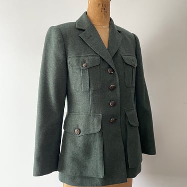 Vintage ‘90s Ralph Lauren equestrian inspired blazer | dusty green wool herringbone, horse head buttons, 4P petite 