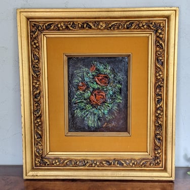 Vintage Ornate Gold and Velvet Frame with 3D Flowers Art 