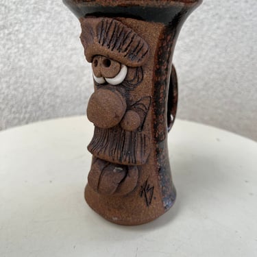 Vintage kitsch studio art browns  pottery 3D mug man with mustache signed TS holds 12 oz 