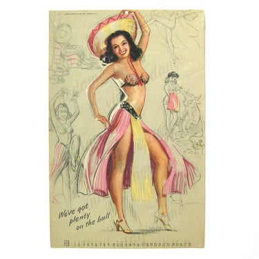 Munson Pinup Calendar Girl, Sketch Pad Style Illustration, Bull Fight Scenes, Mexican Sombrero, Original 1957 Calendar Page, Brown & Bigelow 