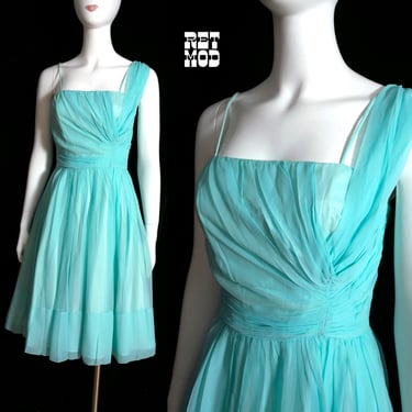 GORGEOUS Vintage 50s 60s Light Mint Blue Draped Fit & Flare Party Dress 
