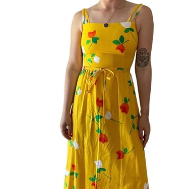 Vintage 1960s Malia Yellow Tulip Tropical Floral Hawaiian Retro Maxi Dress Sz S 