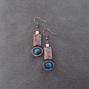 Industrial earrings, turquoise tiger's eye and copper minimalist earrings 