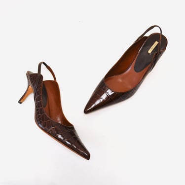 90s 00s Y2k VINTAGE High heels Brown Leather 8 1/2 Sling Back Pointed Toe Brown High heels  Max Studio Shoes Brown Crocodile Leather 8 8 1/2 