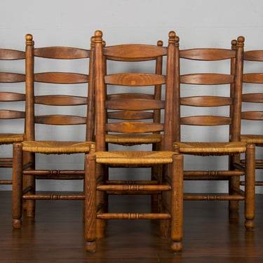 Antique Country French Ladder Back Maple Rush Dining Chairs - Set of 6 