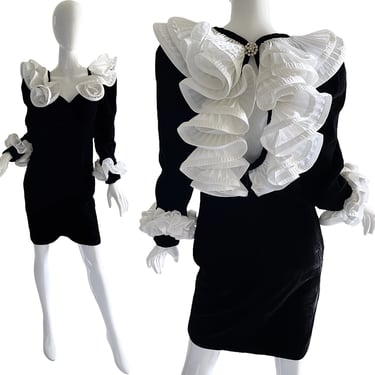 80s Julie Duroche For After Five Dress / Vintage Velvet Tuxedo Ruffled Dress / 1980s Rocker Rhinestone Dress XS 