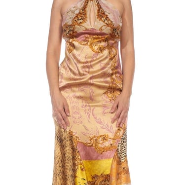 2000S ROBERTO CAVALLI Brown & Gold Animal Print Silk Dress 