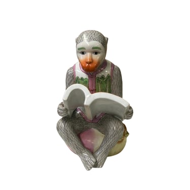 Vintage Oriental Gray Base Color Monkey Reading Book Ceramic Art Figure ws4404E 