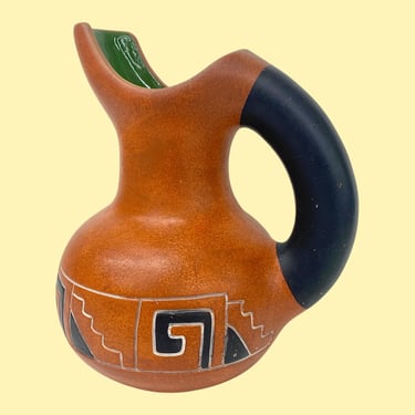 Vintage Mexican Pitcher Vase Retro 1970s Southwestern + Handmade Pottery + Reddish Brown and Green + Handled + Home Decor and Decoration 